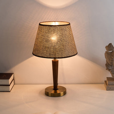 Traditionelle Vintage Stoff Runde Schatten Holz Metall Basis 1-Licht Tischlampe für Schlafzimmer 