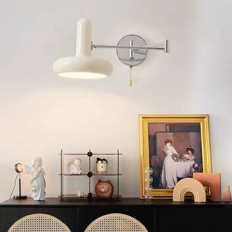 Nordic Cream White Iron Rocker Arm Round Retractable 1-Light Wall Sconce Lamp