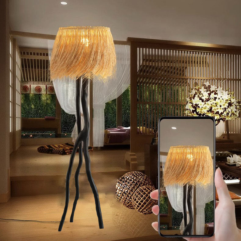 Lampe de sol 1 lumière avec base en résine de branche et abat-jour rond en tissage de bambou rustique traditionnel pour salles de divertissement 