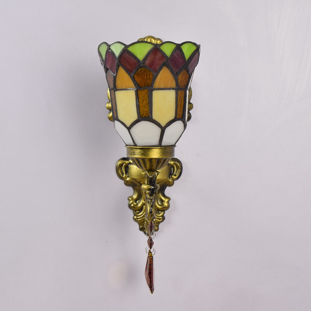 Traditionelle Tiffany Blume Eisen Kristall Glasmalerei 1-Licht Wandleuchte Lampe für Wohnzimmer 
