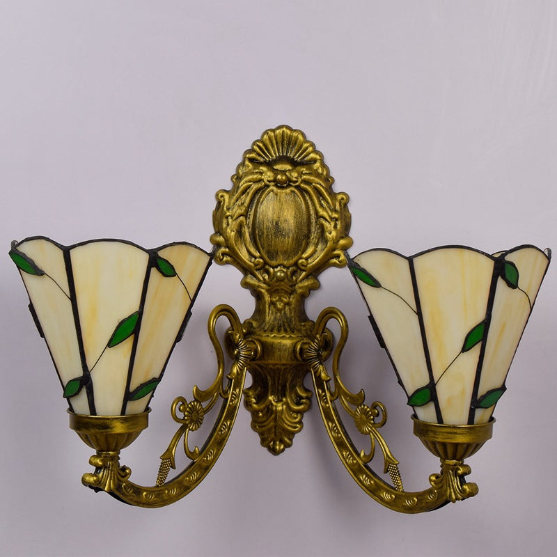 Applique murale à 2 lumières en verre résine fer Tiffany traditionnel conique feuillage pour couloir 
