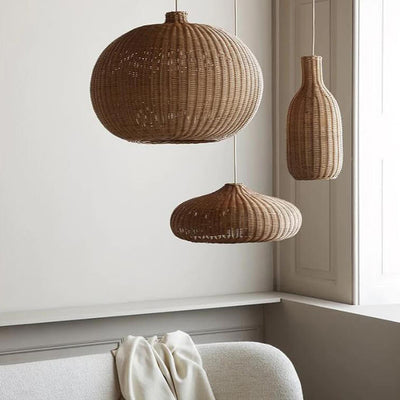 Japanese Vintage Rattan Weaving Round Oval Jar 1-Light Pendant Light