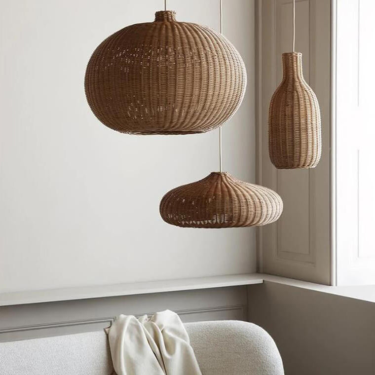 Japanese Vintage Rattan Weaving Round Oval Jar 1-Light Pendant Light