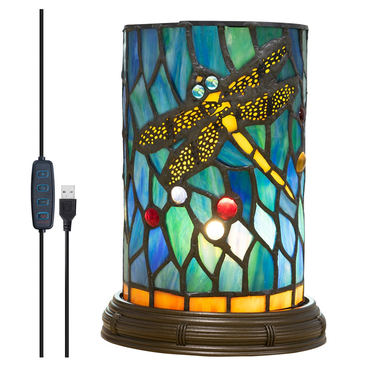 Traditionelle Tiffany-Buntglas-Libellen-Zylinderschirm-Harzsockel-LED-USB-Tischlampe für Unterhaltungsräume 