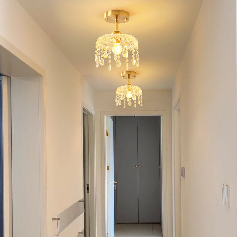 Traditionelle französische runde Deckenleuchte aus Eisen, Kupfer, Glas und Kristall, 1-flammig, halbbündige Montage, für Schlafzimmer 