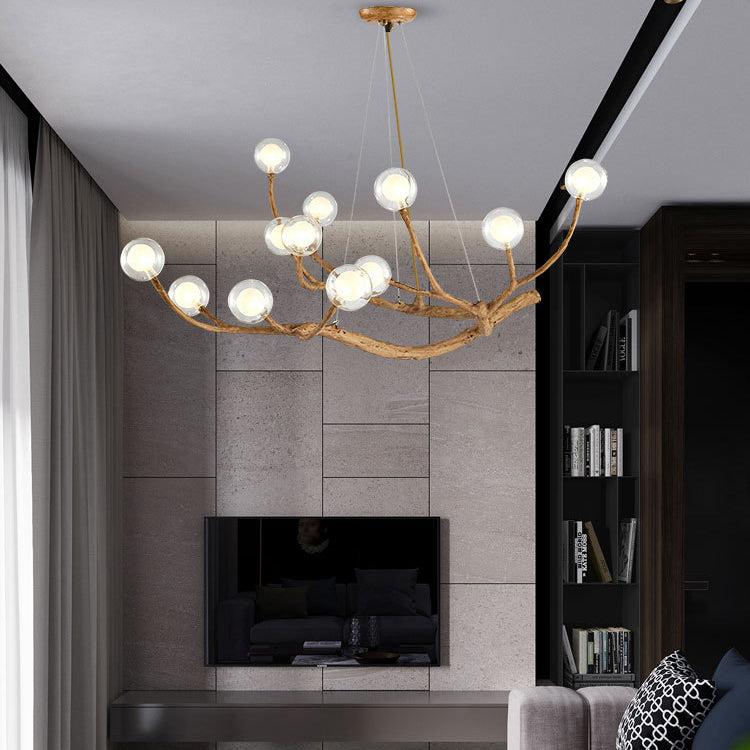Araña de ramas de madera con globo de vidrio moderno de 8/12/16/20 luces para sala de estar 