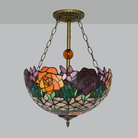 Suspension Luminaire à 3 Lumières en Verre Tiffany Creatif avec Motif de Rose 