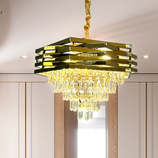 Contemporary Luxury Square Stacked Branch Crystal Metal Stainless Steel 5/7/8/9-Light Chandelier For Living Room