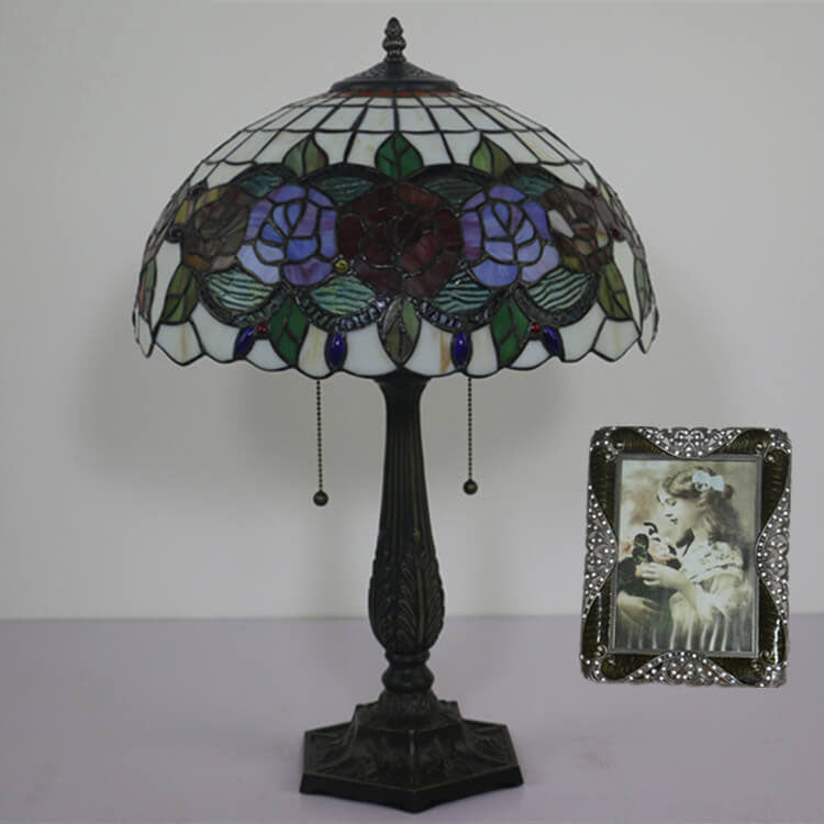 Tiffany Vintage Rose Stained Glass Dome 2-Light Table Lamp