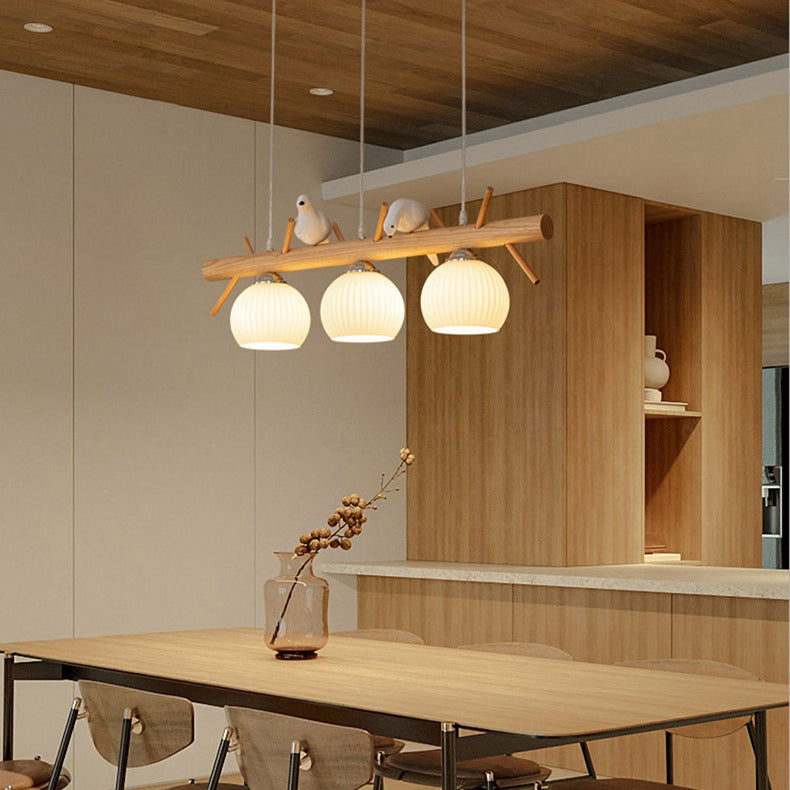 Lámpara de araña de 3 luces con pantalla redonda de vidrio y tiras de madera tradicional japonesa para sala de estar 