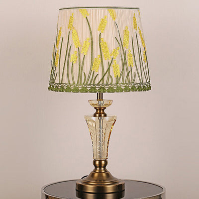 Traditionelle europäische Zylinder-Hardware-Kristallgewebe-1-Licht-Tischlampe für Schlafzimmer 