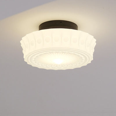 French Vintage White Jade Glass Stripes Round Drum LED Semi-Flush Mount Ceiling Light