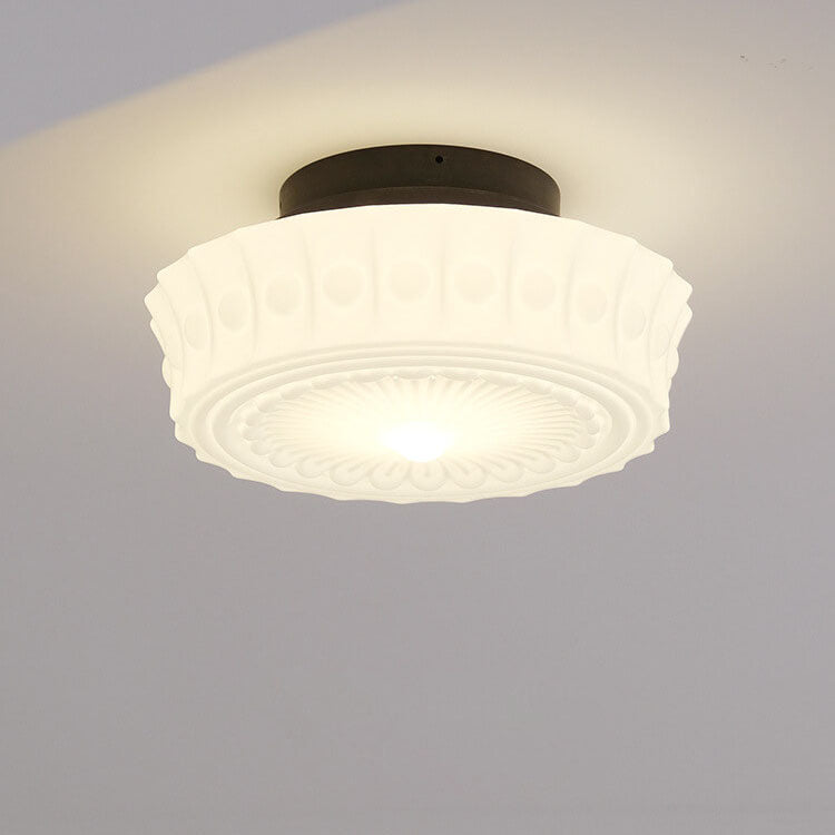 French Vintage White Jade Glass Stripes Round Drum LED Semi-Flush Mount Ceiling Light