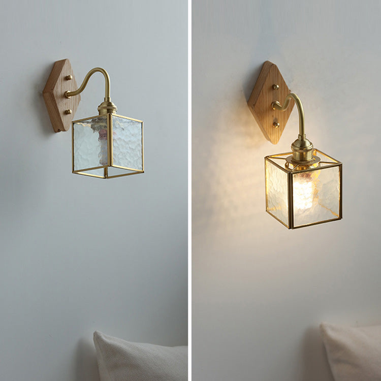 Applique Murale Traditionnelle Vintage Carrée en Verre de Cuivre et Bois à 1 Lumière pour Chambre 