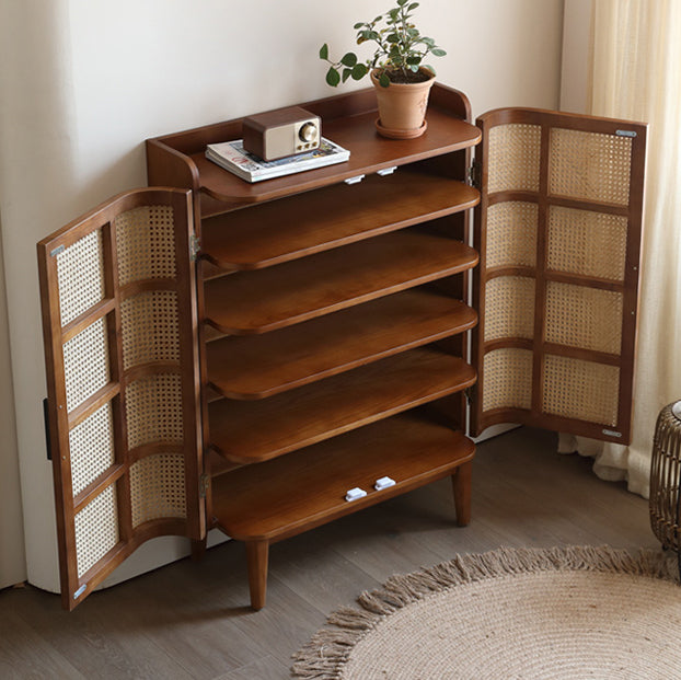 Traditional Vintage Rectangular Ash Wood Indonesian Rattan Shoe Storage 5-Tier For Entryways