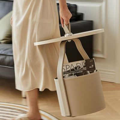 Contemporary Creative Round Barrel Faux Saddle Leather Stainless Steel Coffee Table Tote For Living Room