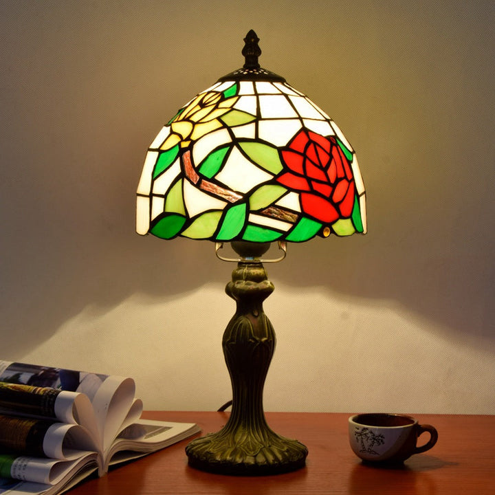 Lampe de Table à 1 Lumière avec Dôme en Cône Fleur de Rose en Verre Stainé Traditionnel Tiffany pour Chambre 
