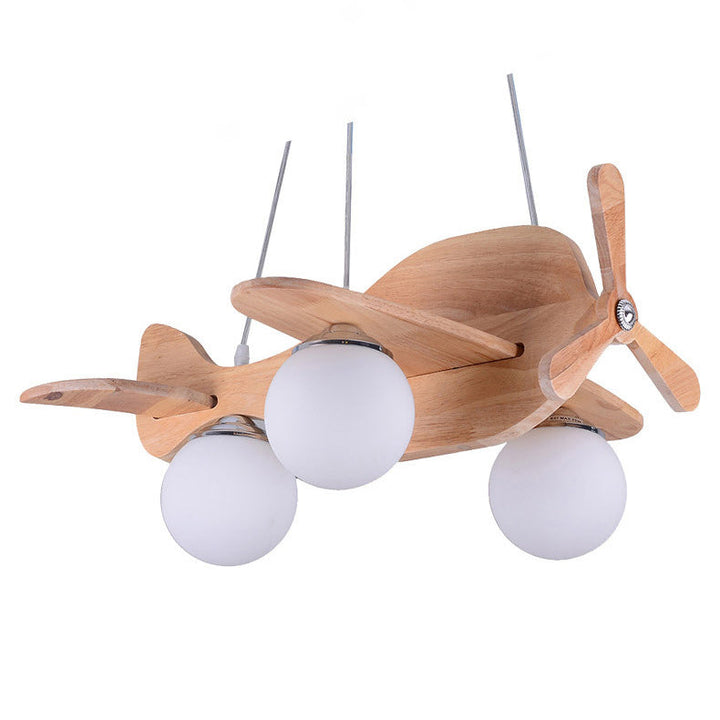 Contemporary Creative Wooden Board Propeller Plane 3-Light Kids Chandelier For Living Room