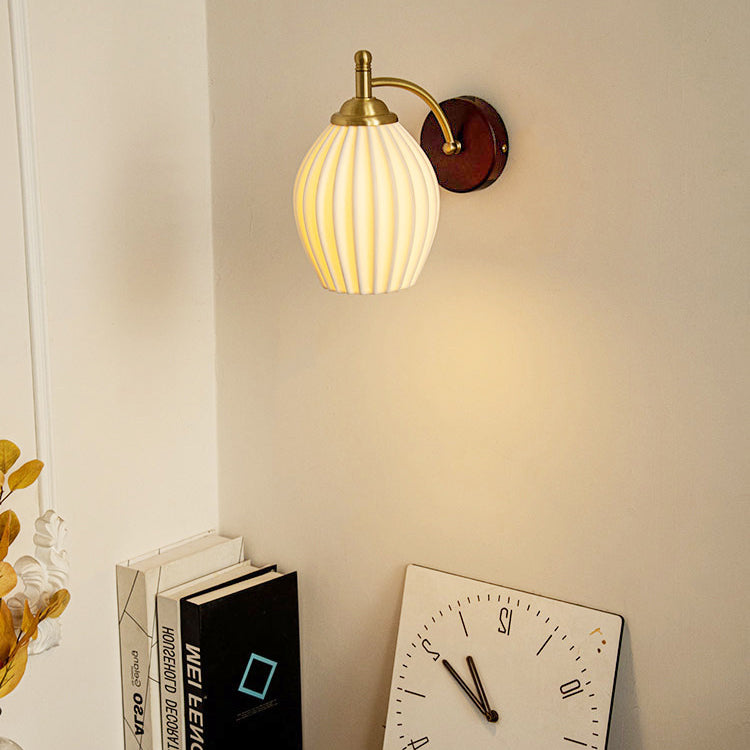 Traditional French Ceramic Glass Flower Shade Solid Wood Base 1-Light Wall Sconce For Living Room