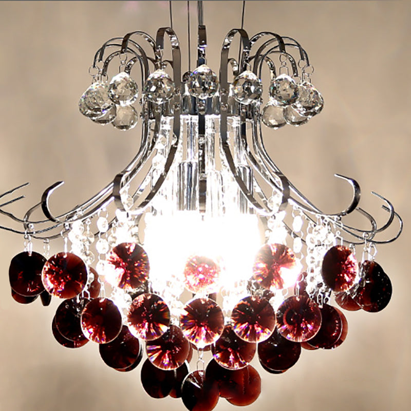 Lustre à 4 lumières avec cadre argenté et boule de cristal raisin de luxe moderne pour salon 