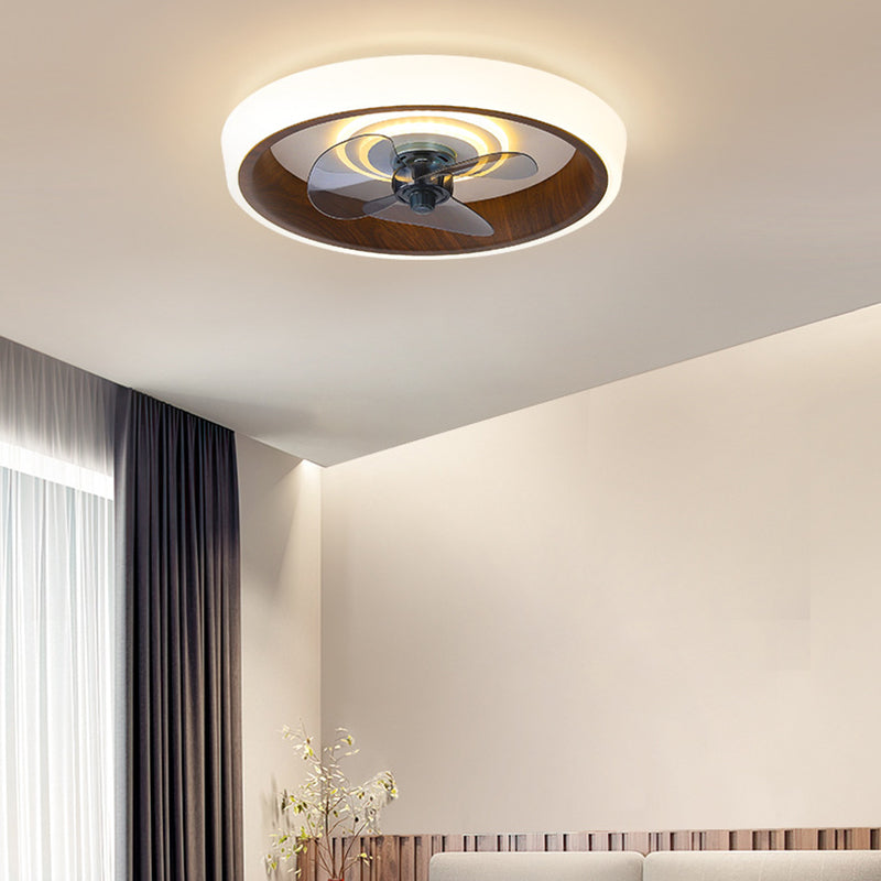 Modern Minimalist Round Wood Grain Aluminum Acrylic LED Flush Mount Ceiling Fan Light For Bedroom