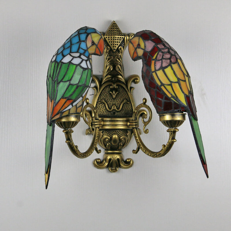 Tiffany Pastoral Double-Headed Parrot Stained Glass 2-Light Wall Sconce Lamp
