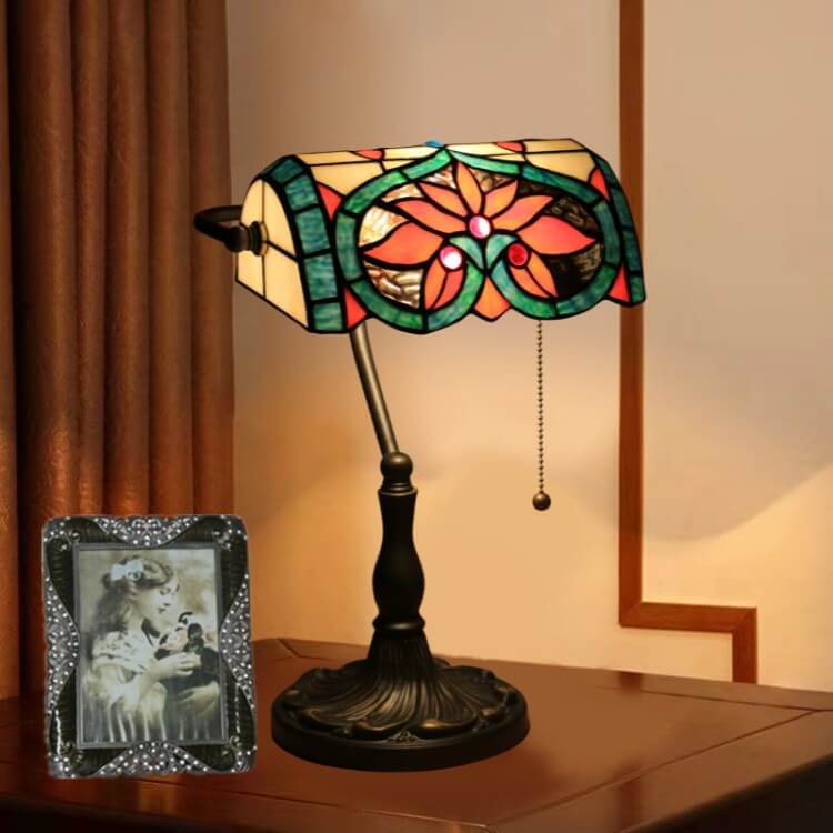 Tiffany Vintage Floral Peach Heart Stained Glass 1-Light Bank Table Lamp