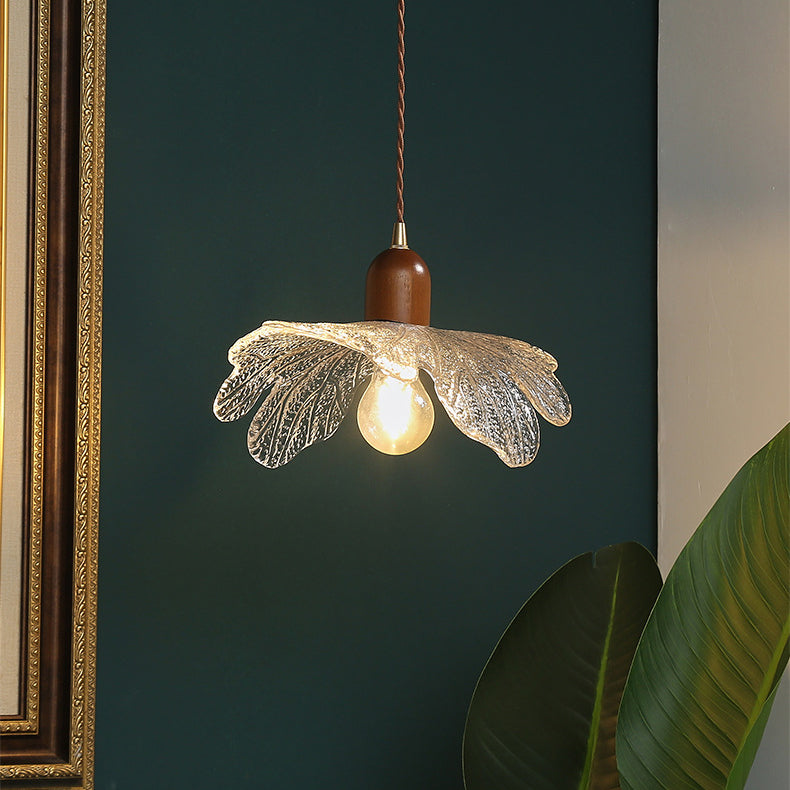 Lustre Suspendu Traditionnel Vintage Cylindre Pétale Verre Laiton Noyer 1 Lumière Pour Chambre 