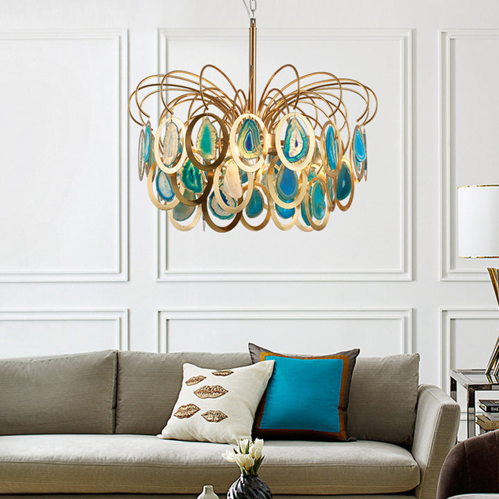 Zeitgenössischer skandinavischer Blumenstrauß-förmiger runder Eisen-Onyx-Sand-Gold-Kronleuchter mit 5/8 Lichtern für Wohnzimmer 