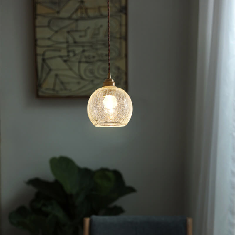 Japanese Vintage Round Crackle Glass Brass 1-Light Pendant Light