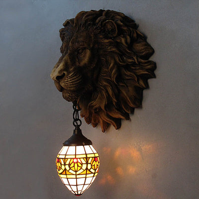 Traditional Tiffany Creative Resin Lion's Head 1-Light Wall Sconce Lamp For Dining Room