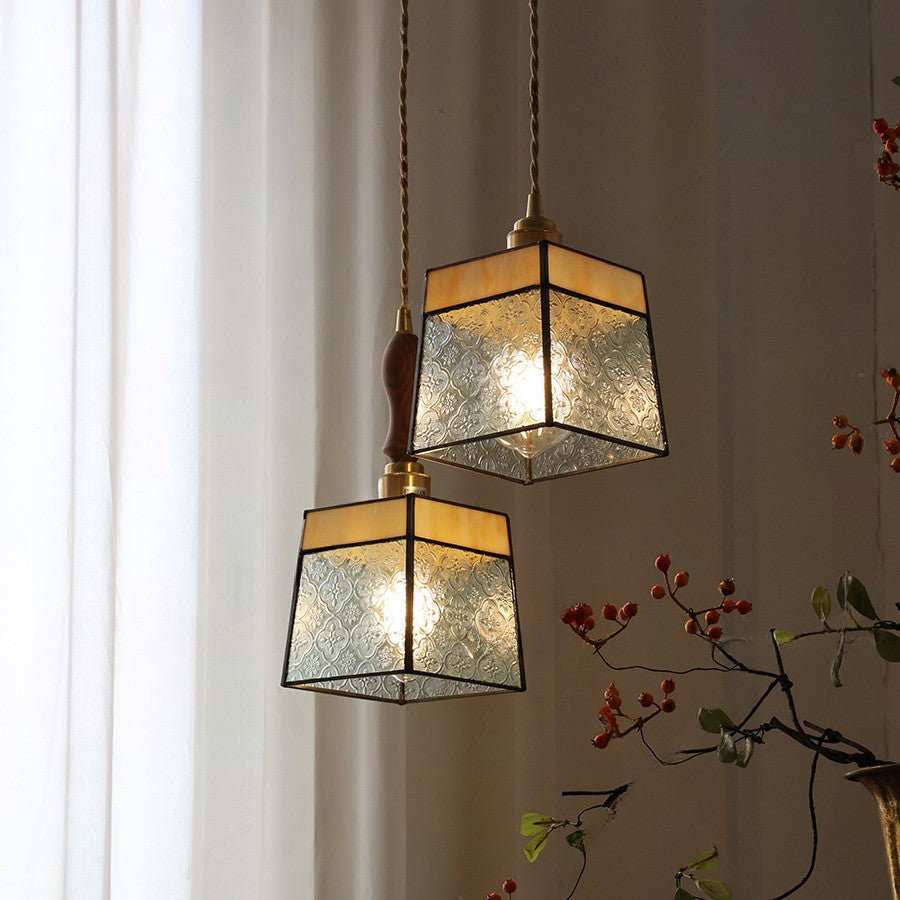 Lámpara colgante contemporánea retro de vidrio, latón, hierro, nogal cúbico trapezoidal de 1 luz para comedor 