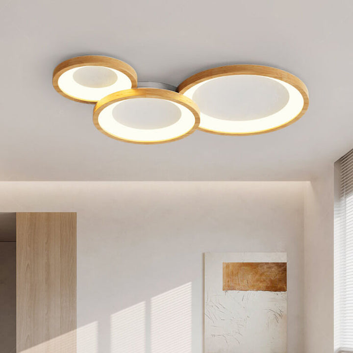 Contemporary Scandinavian Rubberwood Acrylic Log Circle Design LED Flush Mount Ceiling Light For Living Room