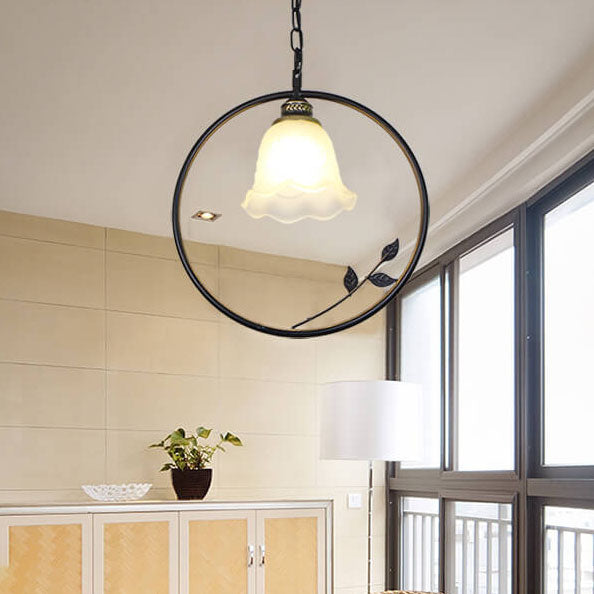 Creative Flower Bud Glass Shade Circle Ring Wrought Iron 1-Light Pendant Light