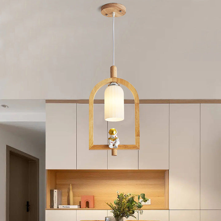 Lustre suspendu contemporain scandinave Cylindre Spaceman en bois et verre à 1 lumière pour salle à manger 