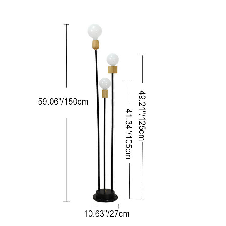 Lampe de sol industrielle rétro en fer avec cadre noir fini et trois globes en verre 