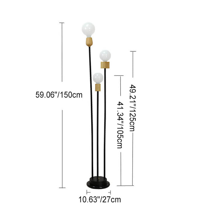Lampe de sol industrielle rétro en fer avec cadre noir fini et trois globes en verre 