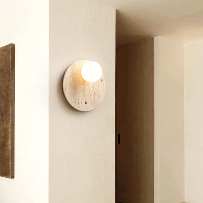 Traditional Japanese Round Oval Yellow Travertine 1-Light Wall Sconce Lamp For Bedroom