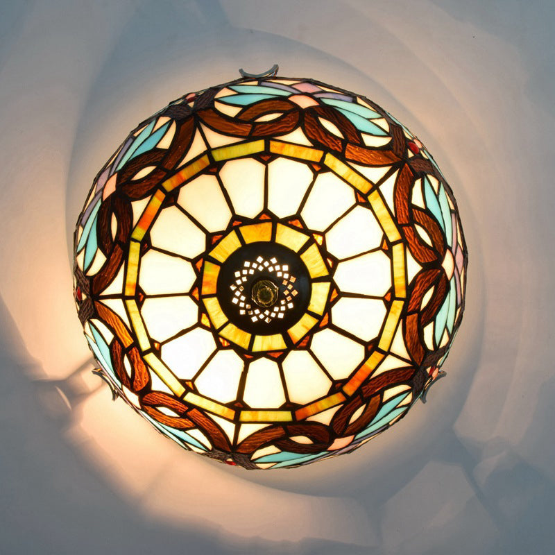 Traditionelle Tiffany Kuppel Eisen Glas 2-Licht Unterputzleuchte für Wohnzimmer 