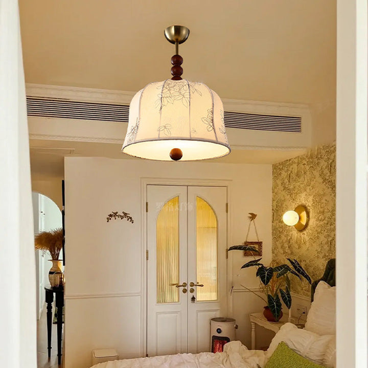 Lámpara colgante de 1 luz de tela floral redonda romántica francesa tradicional de madera y metal para dormitorio 