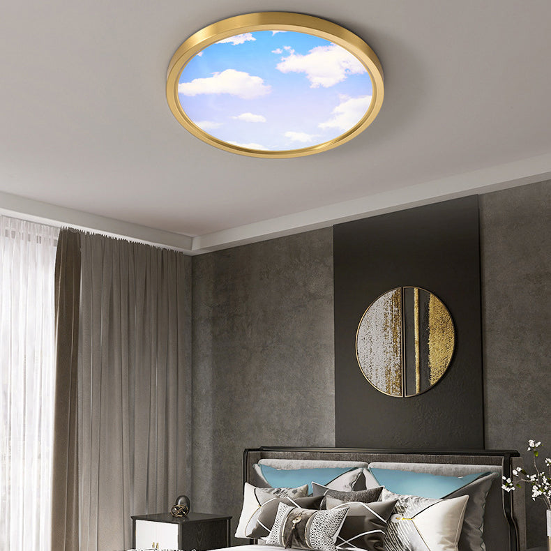 Moderne Einfachheit Vollkupfer Blauer Himmel Wolken Design Runder Acrylschirm LED Deckenleuchte für Wohnzimmer 
