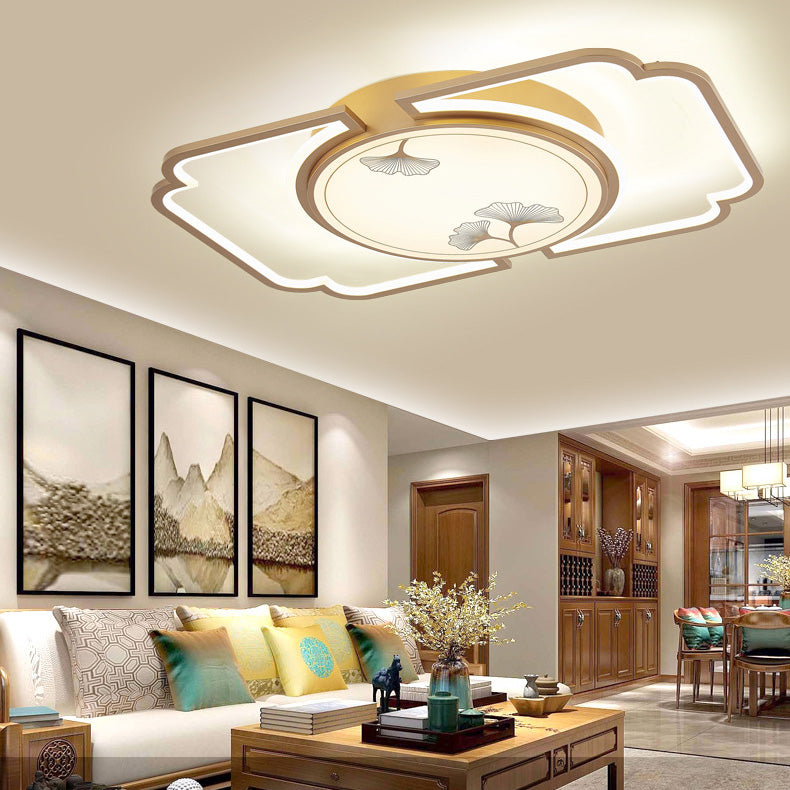 Luz de techo LED semiempotrada de hierro, aluminio, acrílico, redonda, rectangular, cuadrada, hoja de ginkgo china tradicional para sala de estar 