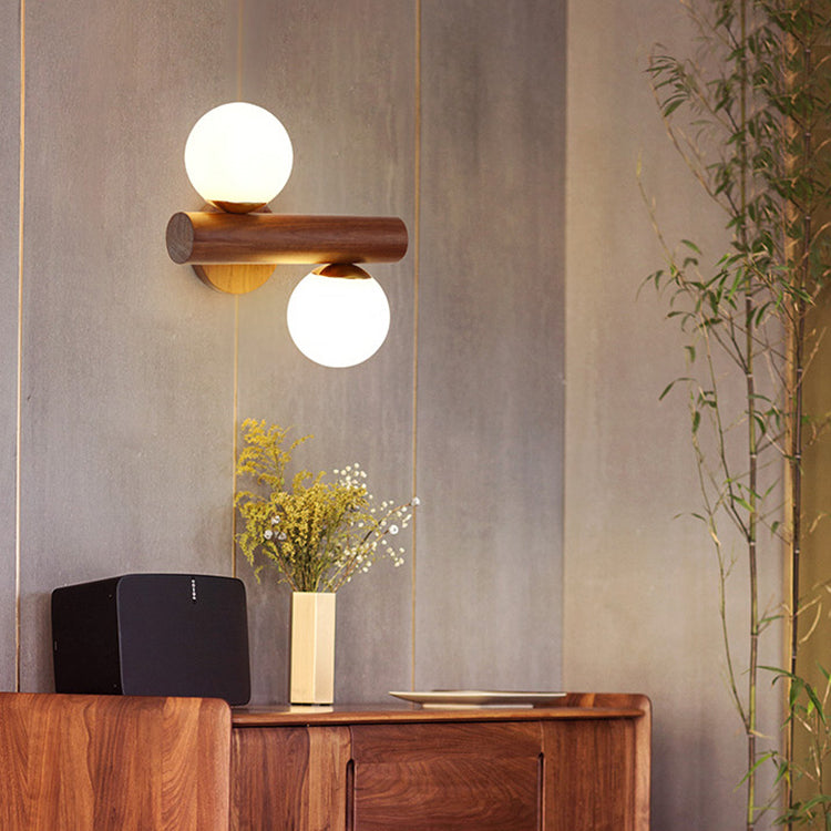 Traditional Japanese Metal Rubber Wood Walnut Glass Cylinder Strip Ball 2-Light Wall Sconce Lamp For Bedside