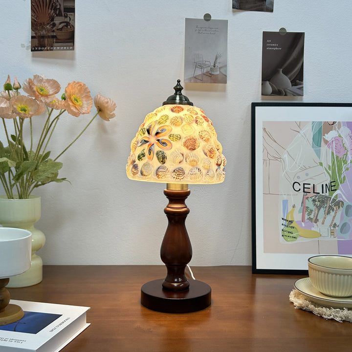Lampe de table 1 lumière en bois vintage traditionnel avec coque en verre hémisphérique pour chevet 