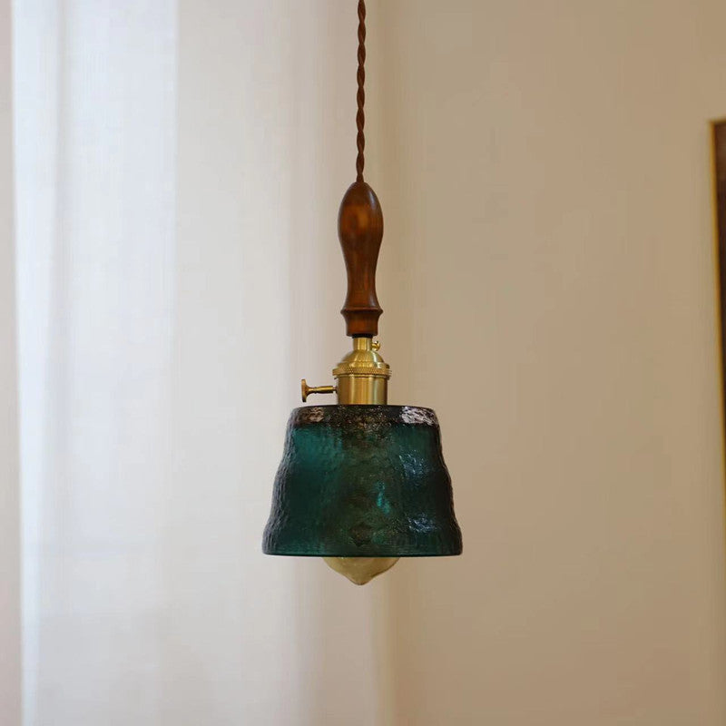 Moderne Art Deco Walnuss Wasser-Rippglas Schatten 1-Licht Pendelleuchte für Wohnzimmer 