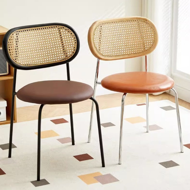 Contemporary Vintage Round Rectangular Rubberwood Plywood Iron Faux Leather PE Rattan Dining Chair Backrest For Dining Room