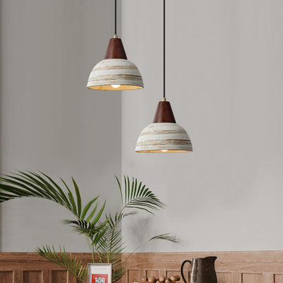 Zeitgenössische Vintage Kuppel Messing Holz Keramik 1-Licht Pendelleuchte für Wohnzimmer 