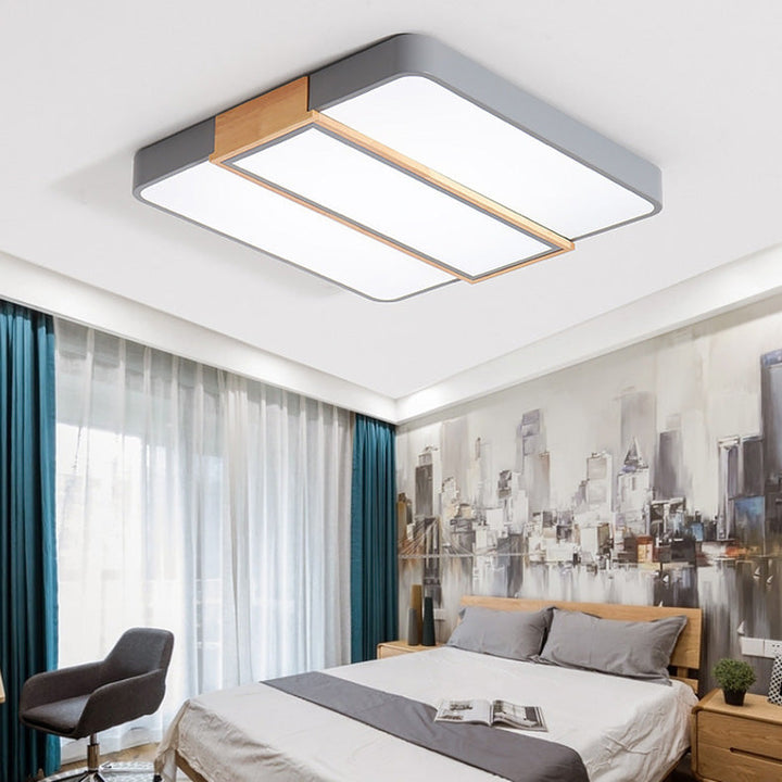 Zeitgenössische skandinavische quadratische Rechteckkombination aus Holz und Eisen, LED-Deckenleuchte für Wohnzimmer 