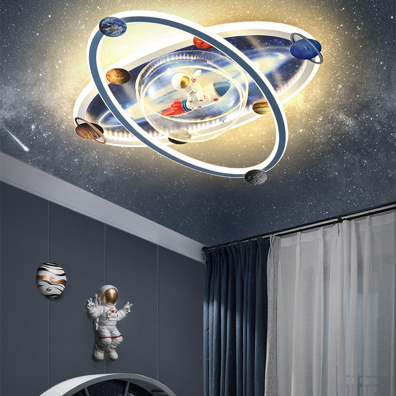 Zeitgenössische kreative Kinder Runde Spaceman Planet Eisen Acryl Harz LED Unterputz Deckenleuchte für Schlafzimmer 