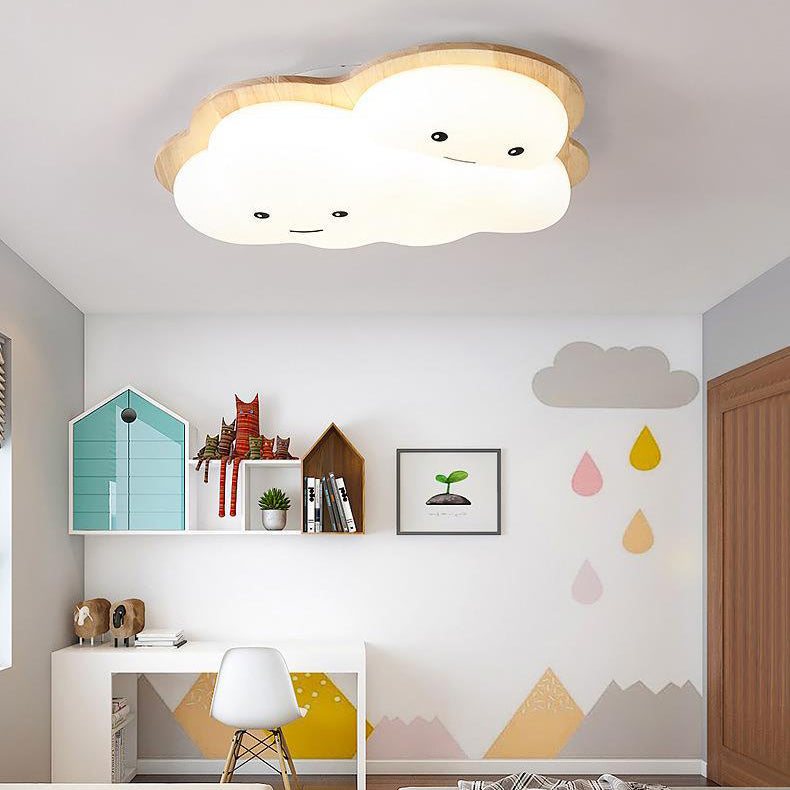 Modern Art Deco Airplane Clouds Moon Acrylic Wood LED Flush Mount Ceiling Light For Living Room